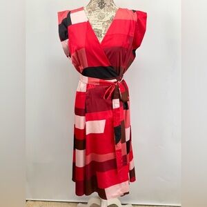 HUTCH Red and pink geometric print color block wrap midi dress size XL